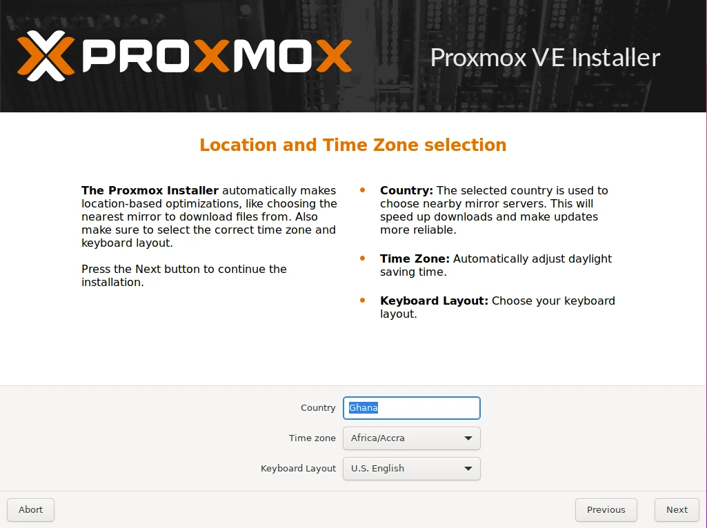 Proxmox installer location and time-zone selection