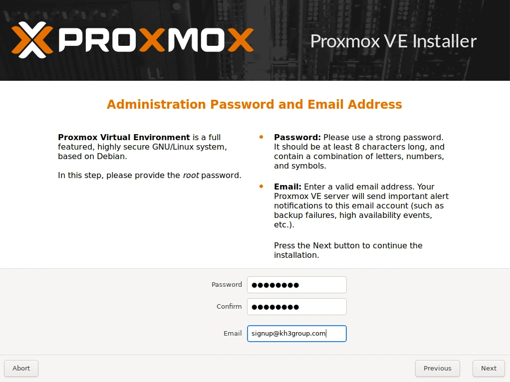 Proxmox installer administrator credentials screen