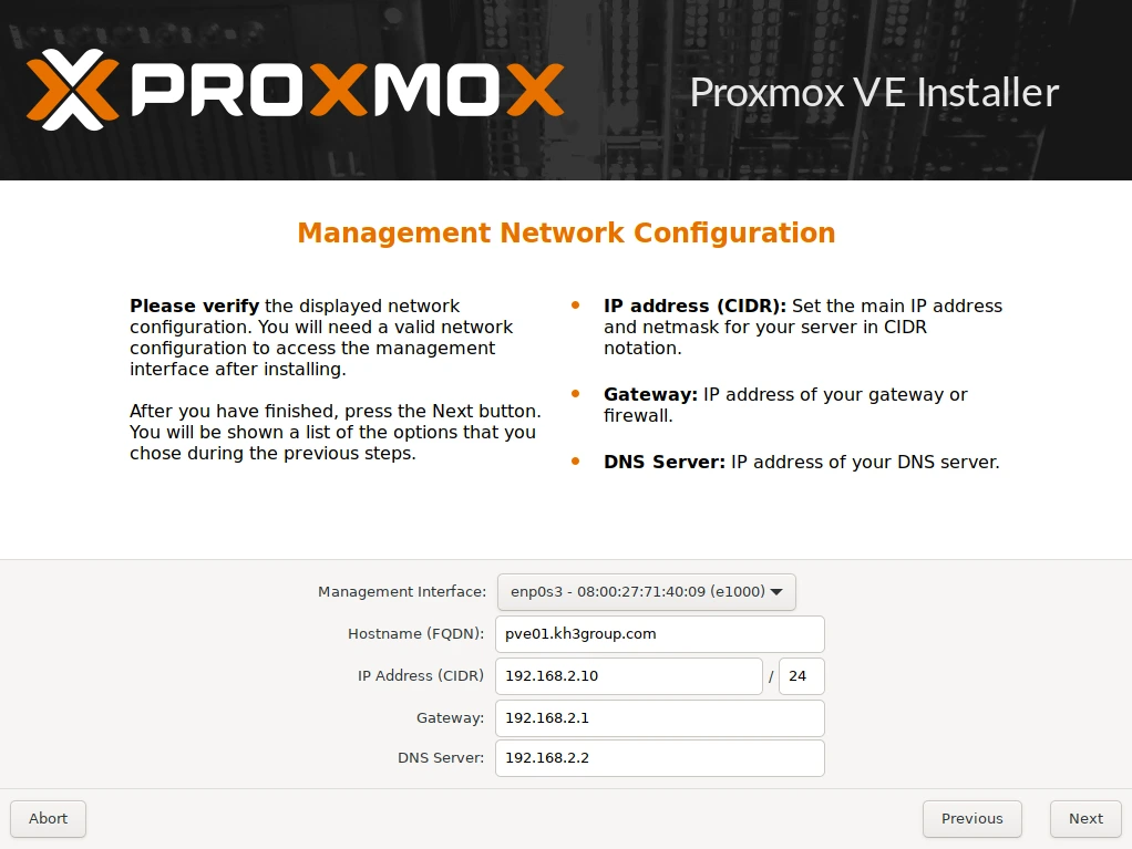 Proxmox installer management-network screen