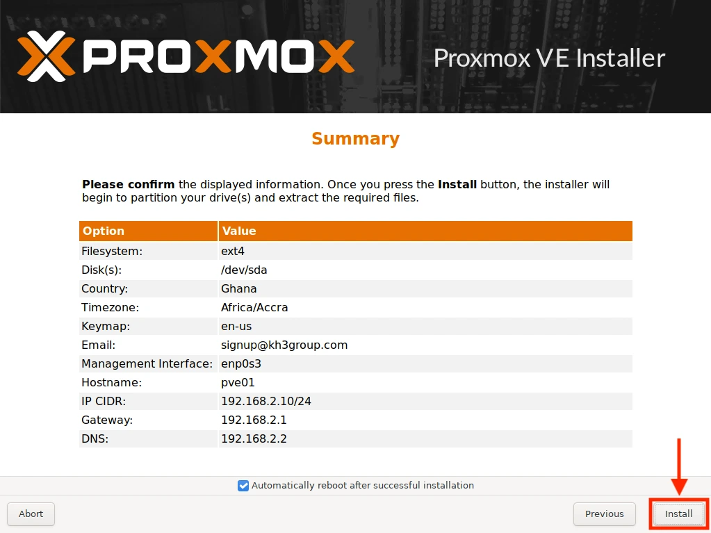 Proxmox installer final summary