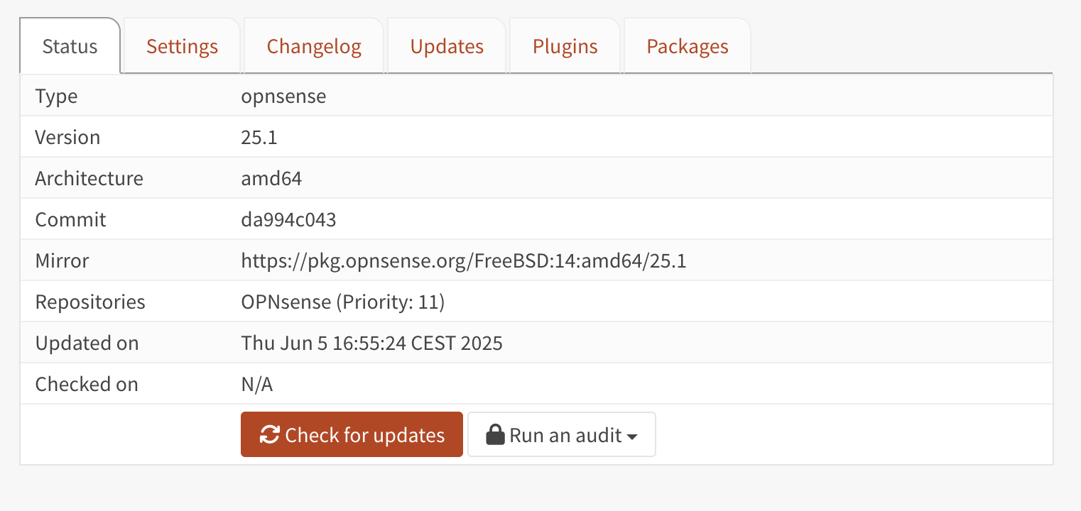 OPNsense firmware update page