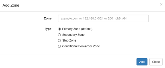 Technitium DNS add-zone dialog
