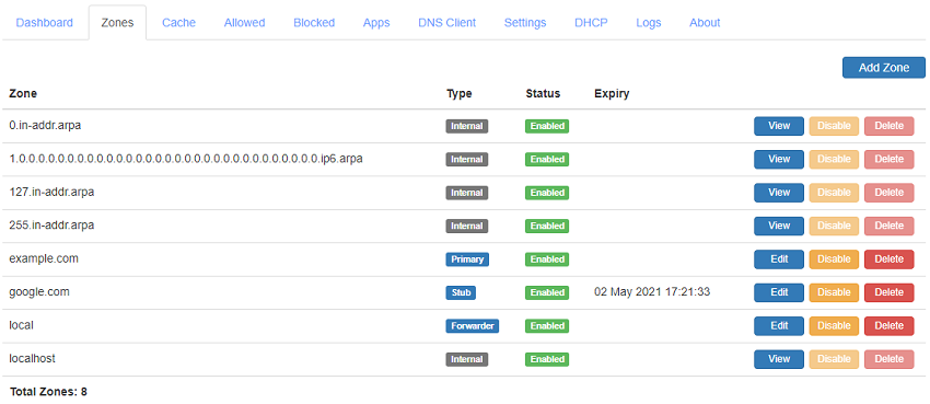 Technitium DNS zones page